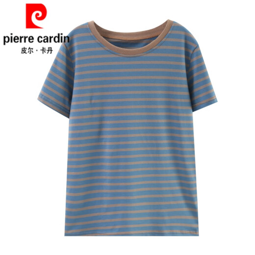 皮尔卡丹（pierre cardin）夏装短袖t恤女士纯棉中年妈l妈装2025新款大l码宽松遮肚子条纹针 688#短袖【宝蓝色】 XL 建议110-125斤