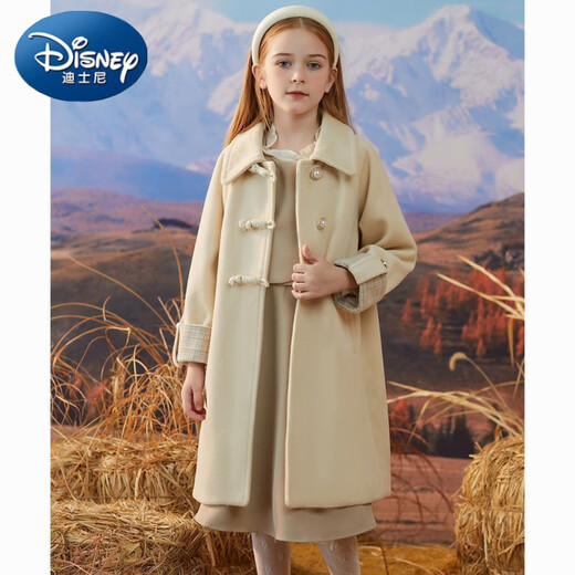Disney Girls' Woolen Coat Autumn and Winter New Style Western Style Large Children's Woolen Coat Thickened Padded Mid-Length Winter Clothes Beige Single Layer Lining 150
