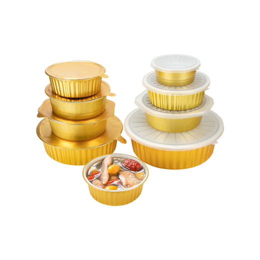 Jia Xiaoyou 2024 New Disposable Insulated Lunch Box Aluminum Foil Lunch Box Trumpet Flower Disposable Gold Tin Paper Box BBQ Round Aluminum 345 Gold Round Aluminum Foil Box with PP. Cover 10 pieces