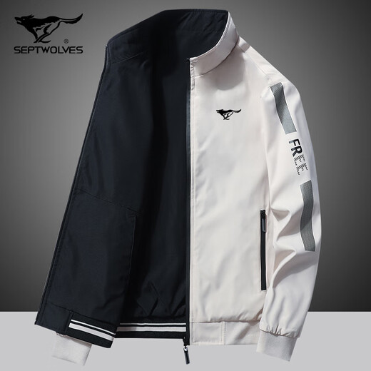 Septwolves Spring and Autumn Style Reversible Young and Middle-aged Casual Stand Collar Jacket Men's Sports Padded Thickened Jacket Dad's Top Trendy Off-White Spring and Autumn Style 5xl