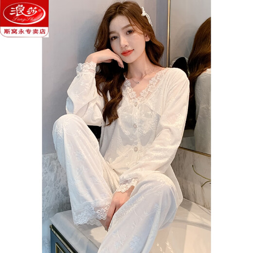 浪莎（LangSha）金丝绒睡衣女2023年新款简约性感秋冬季加厚宫廷风七夕情人节礼物 9926BA V花边 白色 XL