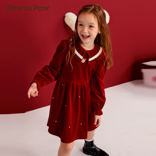 PawinPaw Velvet Cartoon Bear Children's Clothing Autumn and Winter New Girls Red New Year Silver Dress Red Red/20 130 cm