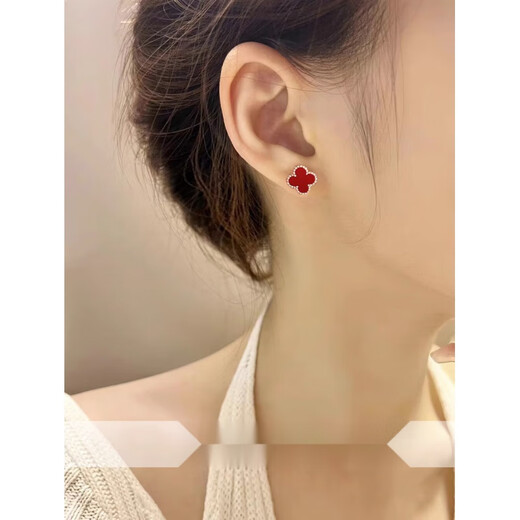 Fat Donglai same style four-leaf clover 18K gold same style red agate for women simple light luxury inlaid mother-of-pearl plated Chinese Valentine's Day 9mm red agate stud earrings (rose gold)