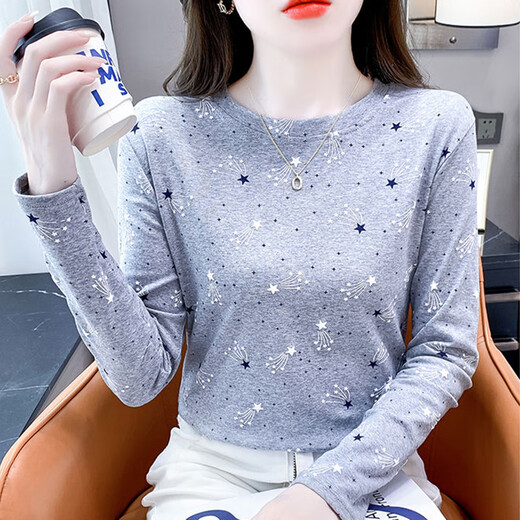 Red Dragonfly Pure Cotton Fashion Print Print Print Print для женщин с длинными рукавами Осень Новая тонкая и универсальная круглая футболка с крытой верхнее белье DD1396# (серые) с длинными рукавами M [Предлагается 91-105JIN [JIN равен 0,5 кг]]]]]