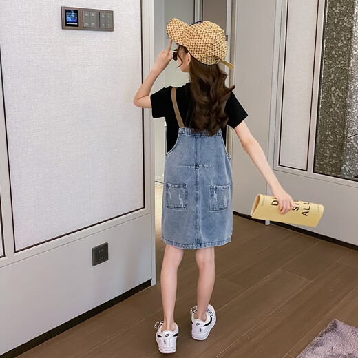小咕嘟熊童装女童夏装牛仔背带裤裙套装短袖T恤儿童套装两件套女孩连衣裙 黑色 160