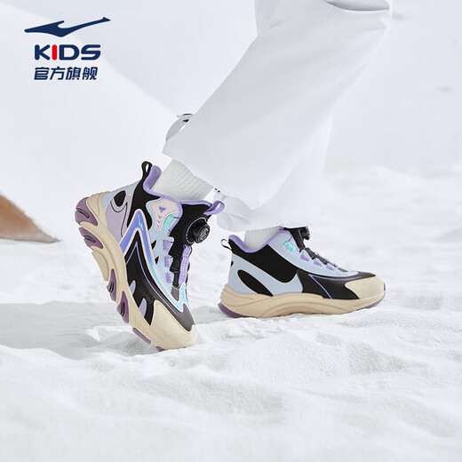 Hongxing Erke (ERKE) children's shoes, boys and girls, knob buckle casual shoes, children's winter cotton shoes, black/mineral purple 37
