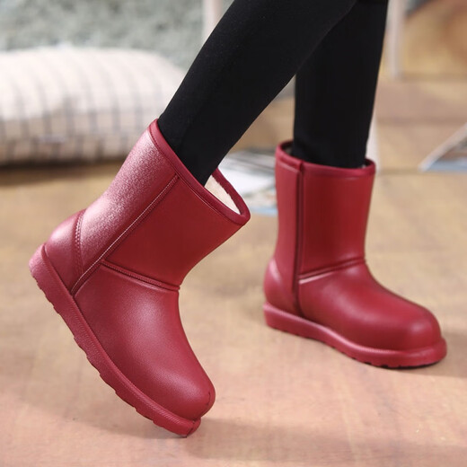 Xiaohuilijia winter new product plus cotton warm rain boots mid-tube waterproof shoes men and women's non-slip rain boots work shoes plus velvet waterproof boots purple 38