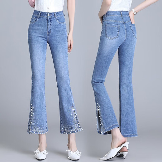 
Light luxury nine-point slightly flared jeans for women 2025 new high-waisted slim small side slit slit bell-bottom pants for women blue 6621 spring and summer thin 2XL /30 125-135Jin [Jin equals 0.5 kg]