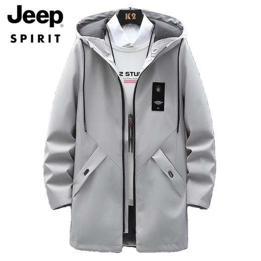 JEEP SPIRIT Men's Jacket Hooded Korean Style Business Windbreaker Jacket Mid-Length Casual Spring Autumn 2024 New Men's Top Khaki 2XL =130-145Jin Jin equals 0.5 kg
