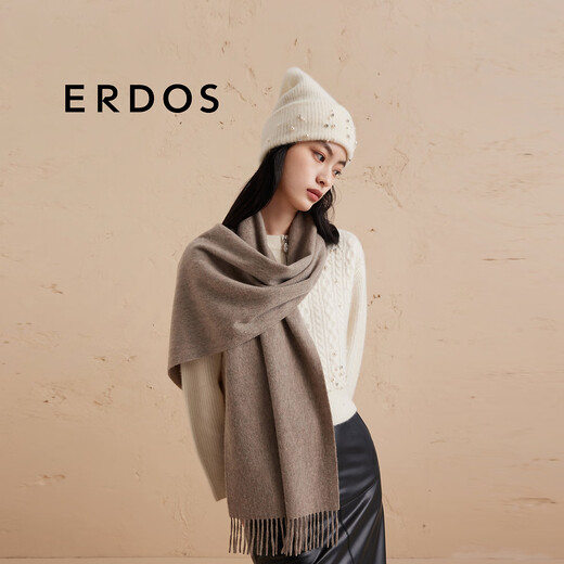 ERDOS 纯羊绒休闲时尚简约单层水纹装饰流苏女士围巾 大地驼 170cmX35cm