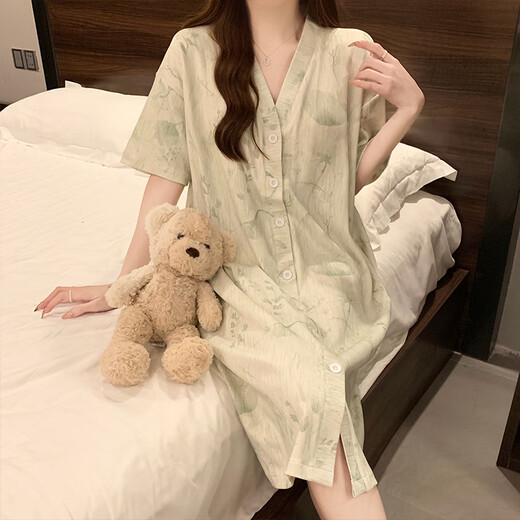 另约新中式睡裙女带胸垫夏季短袖复古风高级感睡衣连衣裙春秋款家居服 5155 绿色花朵 带胸垫 XXL