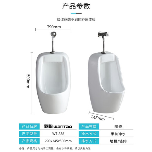 宛陶（wanTao）幼儿园儿童陶瓷感应小便斗挂墙挂式陶瓷小便器小孩尿斗小便池 WT-838手按阀（地排水）