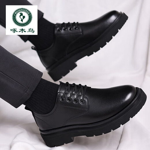 
Woodpecker formal leather shoes men 2024 spring new retro casual leather shoes men low top work shoes thick sole big head men's shoes 22717 black 42