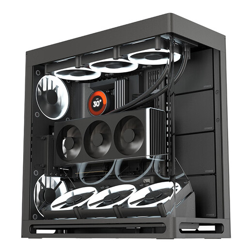 Das schwarze Zimmergehäuse HAVN HS420 VGPU mit Meerblick wird mit einem vertikalen Grafikkarten-Kit, gebogenem Glas, magnetischem Panel, maximaler Unterstützung für E-ATX-Motherboards und 420-mm-Wasserkühlung geliefert