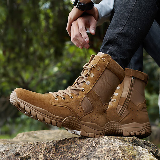 Yibiao new brown combat boots ultra -side zipper training leather waterproof battle boots desert high -top outdoor hiking shoes men's brown combat boots (one year of warranty) 42