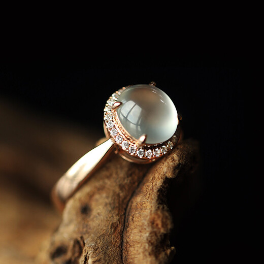 Haikai light luxury Burmese ice jade ring 18K gold inlaid jade cabochon women's ring engagement ring free white high ice white cabochon ring
