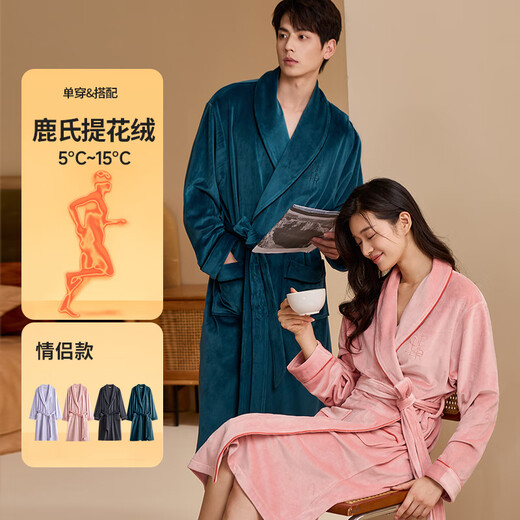 Autumn deer couple's nightgown for women, 5A antibacterial and anti-mite, autumn and winter anti-static warm elastic velvet warm mid-length men's home clothes, lilac (female) L