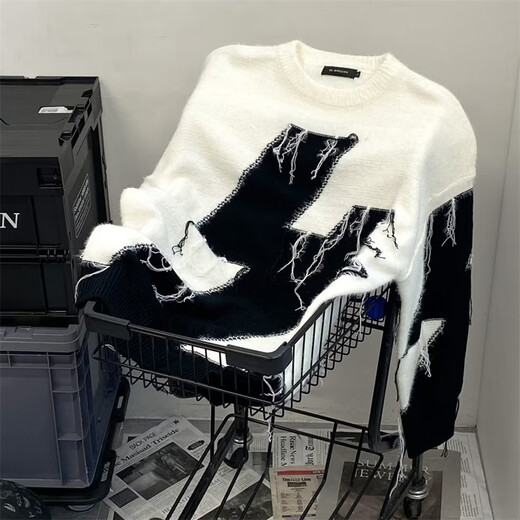 International Automne and Winter Fashion Brand Design Niche Couleur contrastée épissage Sweat Ripped Sweater Men American Retro Trendy Ins Loose Loty Style High Und Fouet Top 826 Abricot Couleur de haute qualité L Suivez le magasin pour la livraison prioritaire