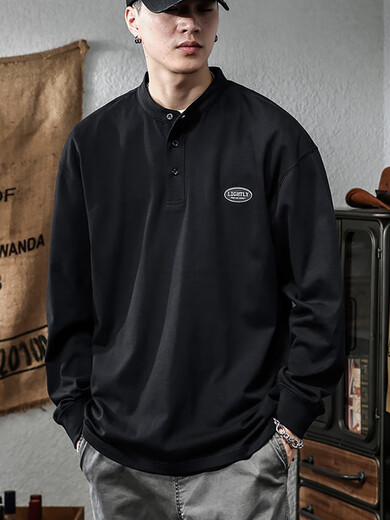 Huan Luo American Heavyweight Long Sleeve T-Shirt Men's Loose 2025 Spring Henry Collar POLO Top Men's Retro Bottoming Shirt White White M 100-120Jin Jin is equal to 0.5 kg