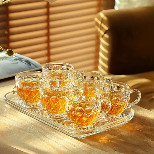 Langxu glass cup and plate set seven-piece set for new home, living room coffee table ornaments, thickened cups, 6 pieces with tray, XO style seven-piece set