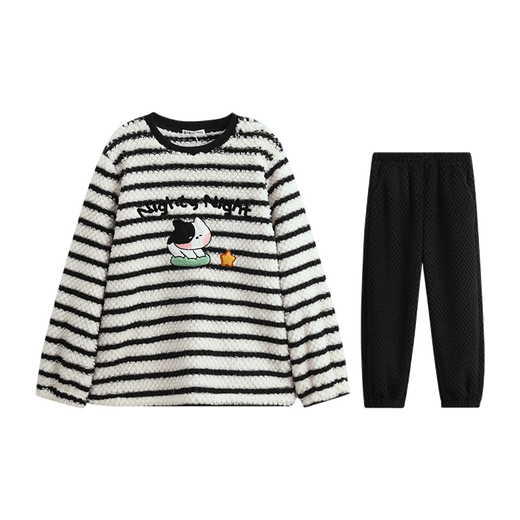 Fenten Couple Pajamas Fan Chengcheng's Same Style Star's Same Style Autumn and Winter Double-sided Velvet Round Neck Striped Thickened Home Clothes Set Black and White Stripes-Men's 2XL