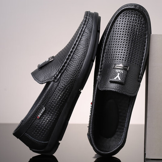 Dick Lane Dick Lane Light Luxury Bean Zapatos para hombres 2025 String and Summer Hollow Nuevo estilo para hombres Ligero suave zapatos de cuero plano para hombres 5008 Negro (hueco) 41