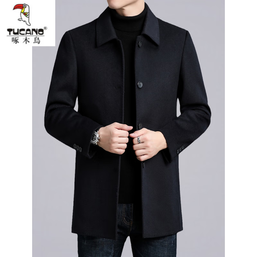 Woodpecker (TUCANO) Double-sided Wool Wool Coat for Men Middle-aged Autumn and Winter High-End Business Down Liner Wool Wool Coat Black 180/XL Size Recommended 145-165 Jin Jin equals 0.5 kg