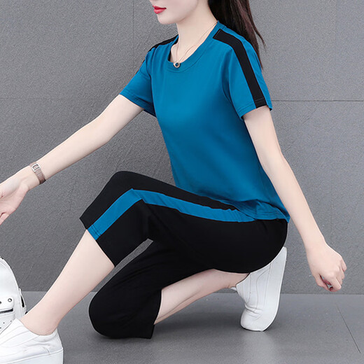 NY-EMMA运动套装女短袖夏季薄款高档洋气显瘦小个子休闲时尚跑步服两件套 683卡其（七分裤套装） 2XL(建议125-140斤)