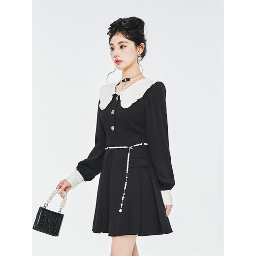 Fantu College Style Suit Lace Collar Dress 2024 Autumn New Slim Design Black Pleated Skirt Women Black S