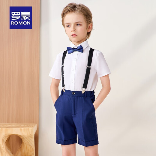 罗蒙儿童背带礼服套装男童礼服钢琴演出服中大童英伦风 藏青套装 160