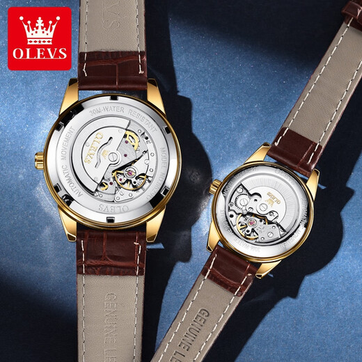 Olevs Swiss Certified Marken-Paar Uhren, ein Paar mechanische Uhren, Männer und Frauen Uhren, vollautomatische leuchtende Wasserdurchmesserwächer, Olevs-6629-Schwarz-Ehepaar