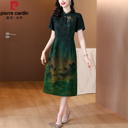 
Pierre cardin brand Xima Xiangyunsha dress for women 2025 new style mom temperament dress imitation silk modified cheongsam day red JY-9906 4XL