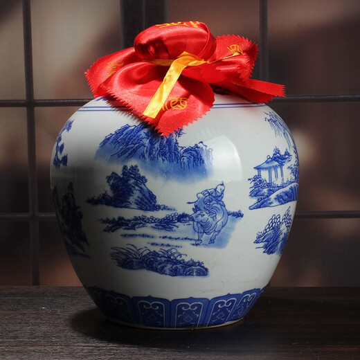 Xindeheng 5 Jin Jin is equal to 0.5 kg, blue and white porcelain, Jingdezhen ceramic wine bottles, wine jars, white wine bottles, empty bottles, wine bottles and jars, antique local pottery, 10 Jin Jin is equal to 0.5 kg, blue and white landscapes + wine cloth tassel sealing film