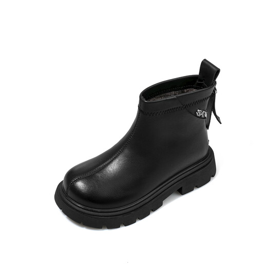 Saturday Children's Shoes Girls Leather Boots Autumn and Winter New Simple Versatile Girls Chelsea Boots Plus Velvet Black 36