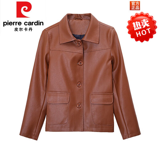 Pierre cardin leather jacket for women 2025 new spring and autumn short middle-aged mother I mother women PU leather versatile autumn jacket top Black XL (105-120Jin [Jin equals 0.5 kg])