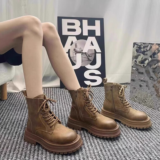 Martin boots for women in autumn and winter new British style thick-soled taller yellow boots for women versatile casual short boots for women light brown 37