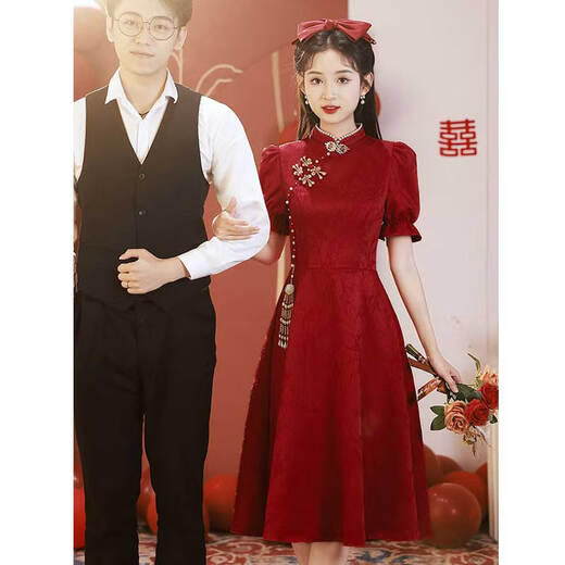 Seidler Cheongsam Toast Clothing Bride Engagement Vestido rojo Vestido pequeño Return 2025 El nuevo estilo se puede usar en el verano Borgoña XL (sugerido 116-125 Jin [Jin equivale a 0.5 kg])