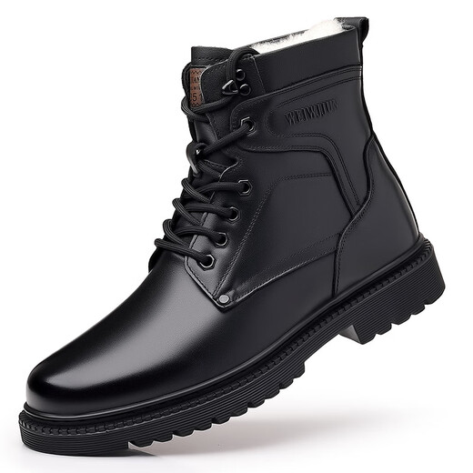 Winter 17 wool cold-proof boots outdoor military hook training boots 33 cruiser navy cotton shoes men's pure wool high-top warm cotton boots increase height 3519 black flat sole model 40