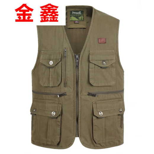 Jinxin spring and autumn new style middle-aged and elderly men's pure cotton vest V-neck large size waistcoat middle-aged multi-pocket pure cotton vest men's vest 658 light military green L recommended 95-115 Jin [Jin equals 0.5 kg]