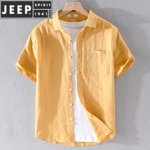JEEP SPIRIT男士亚麻短袖衬衫麻布男装潮流休闲棉麻料衬衣夏装上衣服 浅蓝色 9711胸前有口袋 XXL
