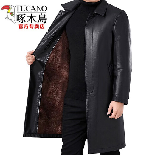Woodpecker winter leather windbreaker men's mid-length extra-long knee-length leather coat men's long thickened leather coat for middle-aged and elderly people fully wrapped plus velvet long black. Thickened 3XL 190 Weight 165-185Jin Jin is equal to 0.5 kg