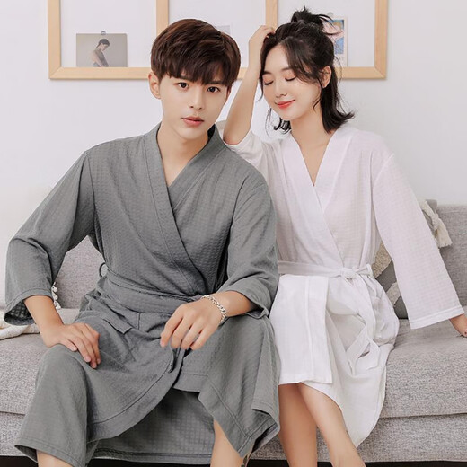 
Couple style pair of bathrobes for women long spring and autumn thin men's large size hotel nightgown pajamas water-absorbing yukata summer waffle light blue men's style [201-3#] long sleeves XL 125-150Jin [Jin equals 0.5 kg]