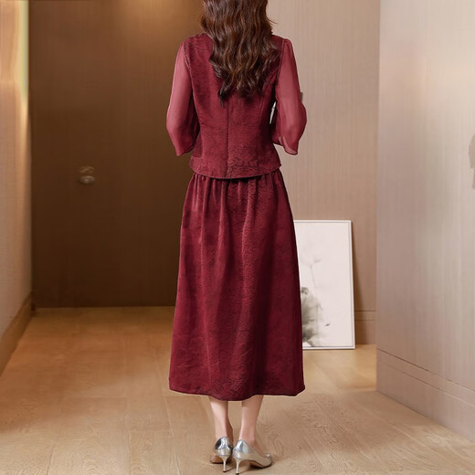 卡搭（kraallda）品牌香云纱套装女桑蚕丝真丝两件套皮草绣花复古中式喜婆婆婚宴裙 红色 L