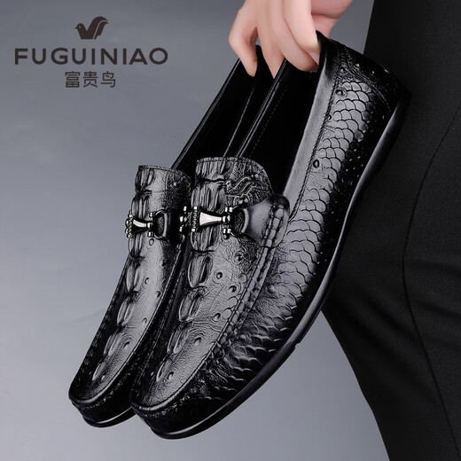 Fugui Bird Herrenschuhe Sommerzehen Schicht Cowide Business Casual Crocodil Muster Mütze weiche Sohle atmungsaktiven leichten Fahren lässige Schuhe Herren schwarzes Muster Yulin Fg9920 38