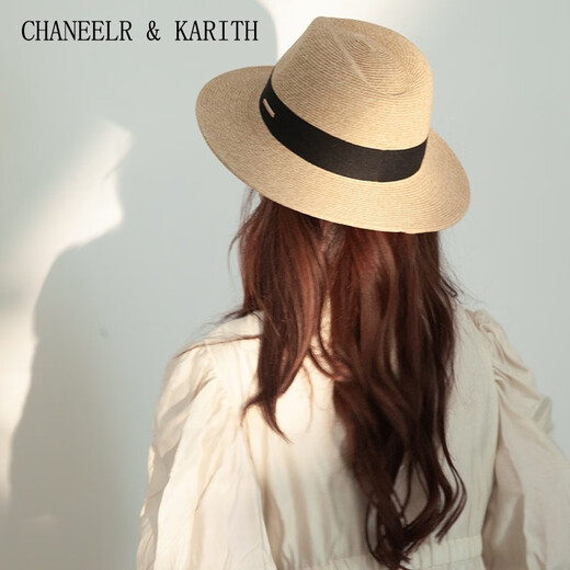 CHANEELR & KARITH防晒帽复古草编帽女夏季防紫外线度假草帽英伦礼帽海边沙滩遮阳帽 黑色 织带 M（55-58cm）