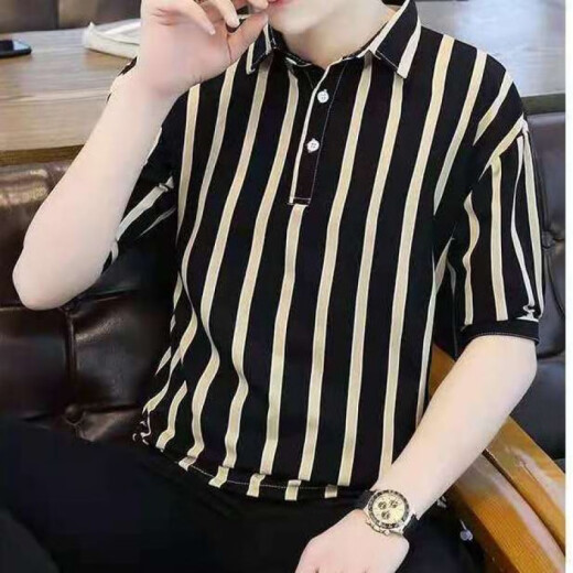 Los hombres de camisetas de manga corta a rayas de dirección simple tienen una solapa delgada de estilo coreano de collar de estilo coreano 5012 negro 5002# blanco 2xl recomendado 135-150jin [Jin iguala 0.5 kg]