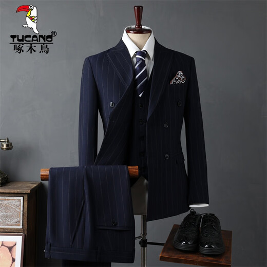 Woodpecker (TUCANO) Men's Suit Casual Business Formal Wear Groomsmen's Wear Groom's Wedding Double-breasted Striped Suit Jacket Men's Black (suit + trousers) 52/XL (125-135Jin Jin equals 0.5kg)