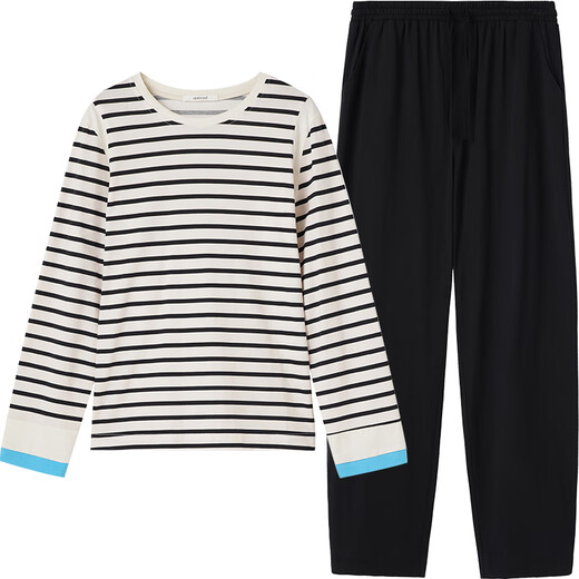 Chundu Couple Pajamas Women's Spring and Autumn Pure Cotton Striped Long Sleeve Autumn Home Clothing Men's Suit Thin Black and White Stripes/Black (Women's Style) 2XL