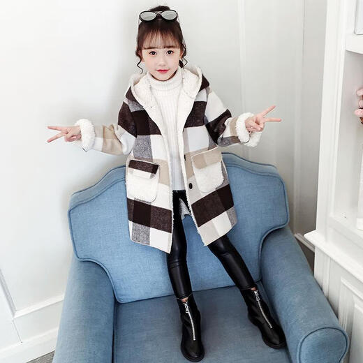 Ainolun Children's Coat Women's Winter Girls' Woolen Coat Autumn and Winter Long Large Children's Clothing Girls' Thickened Woolen Winter Clothes Large Plaid Velvet Thickened Coat (Picture Color) 150 150 Recommended height 140CM