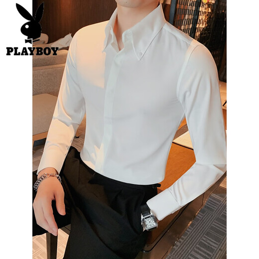 
Playboy (PLAYBOY) high-end texture-free long-sleeved shirt for men slim elastic summer and winter new style free ironing business casual men's wedding shirt white big pointed collar L (115-125Jin[Jin equals 0.5 kg])